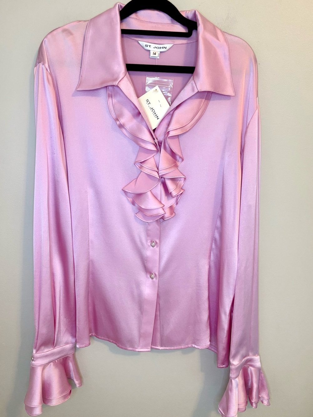 NWT St. John Silk Ruffle Blouse Pink Rhinestone Buttons Size 14